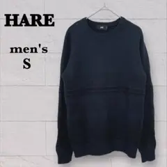 【HARE ハレ】メンズ ニット セーター（S）ネイビー ウール混 長袖 秋冬