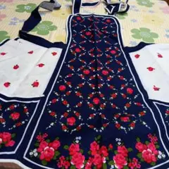 花柄刺繍エプロン ネイビー