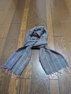 手織り綿スカーフ　レッド/ブラウン/ブルー系 フリーサイズ