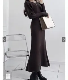 ボリュームスリーブリブニットフレアワンピース［rut876］