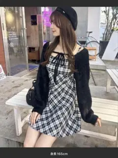 【WEB限定】フェザーボレロニット＋チェック柄ミニキャミワンピースセット