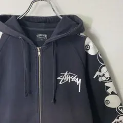 00s stussy print logo zip hoodie navy L