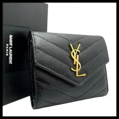 【極美品】 イヴサンローラン 三つ折り財布 カサンドラ キャビア ブラック