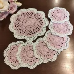 ハンドメイド　レースの手編みコースター 6枚 ＆ ポットマット 1枚