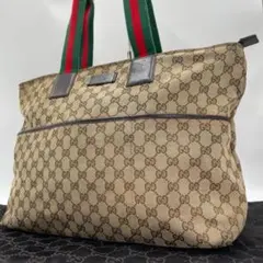 良品 GUCCI トートバッグ キャンバス ブラウン GG柄 シェリー