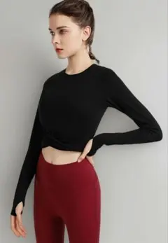 Yomoment 裾ねじり長袖シャツ ショート 丈 トップス ヨガウェア M
