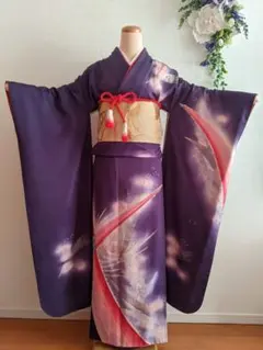 508z17〇振袖 仮絵羽 貝桶 赤紫 金駒刺繍 洒落紋〇美品 成人式 結婚式