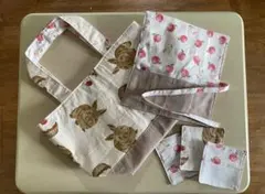【ハンドメイド】うさぎ柄ランチバッグ3点セット　巾着タイプ内ポケット付き
