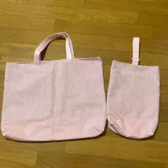 ☆入園、入学準備に☆ストライプ柄✖️ピンク　レッスンバッグ&上履き入れ　マチ付