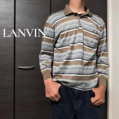 LANVIN オルテガ柄 ボーダー長袖ニットポロシャツ 薄手