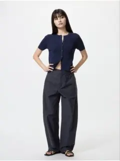 Sユニクロ ジャージーバレルレッグパンツ ネイビー　股下65㌢　カーブパンツ