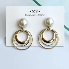 A6◆パール×ゴールドリング3連　シンプル大ぶり　ハンドメイドピアス　イヤリング