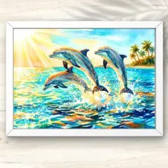 27】最強の幸福と浄化 イルカと虹 額縁付きA4《開運アート ヒーリング