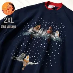 ⭐️SALE⭐【USA古着】クリスマス　スウェットシャツ　鳥　ネイビー　冬柄