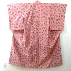 【美品】アンティーク着物 銘仙 袷 薔薇 ピンク 丈151 裄63