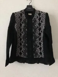 日本製」レース付きニットカーデ ィガン 黒 Lサイズ