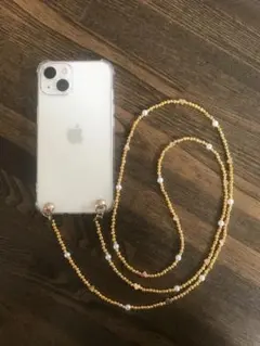 No.222 スマホショルダー　ビーズストラップ　ゴールド　ハート