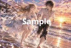 夕暮れの海辺で手をつなぐ男女 デジタルアート イラスト