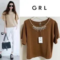 新品タグ付き GRL ビジュー付きフレアスリーブトップス F ブラウン