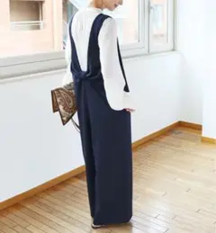 ネイビー Vネック バックリボンオールインワン