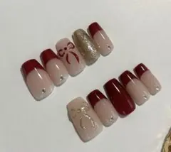 ネイルチップ/リボンネイル/ゴールド/レッド/冬ネイル/フレンチ