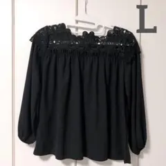 首周りレース 長袖ブラウス ブラック Lサイズ