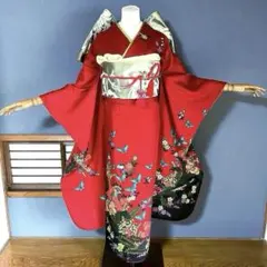 振袖フルセット　手描き友禅　成人式振袖　振袖　裄丈68 バタフライ　赤