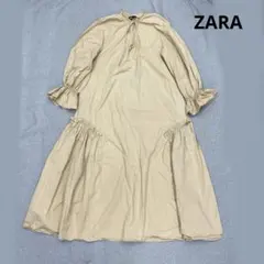i632◯ ZARA ベージュ 長袖 フリルシャツ ロングワンピース