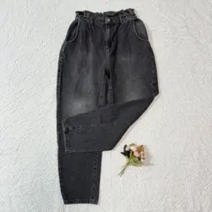 ZARA ペーパーバッグデニムパンツ 黒 ブラック ハイウエスト Sサイズ相当