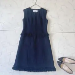 【美品】Rene TISSUE ツイードノースリーブ ロングワンピース フリンジ