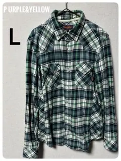 パープル＆イエロー ネルシャツ L グリーン チェック メンズ 古着 アメカジ
