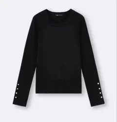 リブ編み 黒 長袖 トップス　スリーブボタン　XLサイズ