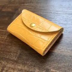本革 栃木レザー 牛革 ハンドメイド ミニ財布 イエロー クロコ型押し