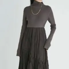 ミラオーウェン　ニットドッキングワッシャープリーツワンピース　チャコールグレー