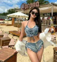 M デニム ブルー ブラジリアンビキニ ギャル 水着 韓国 綺麗 編み上げ