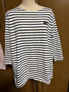 白と紺のストライプ 7分袖 Tシャツ　ロゴス　4Ｌ