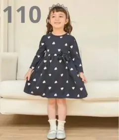 プティマイン　 ハート柄 長袖ワンピース　ネイビー✕白　110cm　ポケット付き