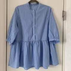 ストライプ柄 水色 フレアシャツ Lサイズ