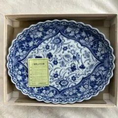 美濃焼 龍峰窯 花鳥 染付更紗 楕円 大皿