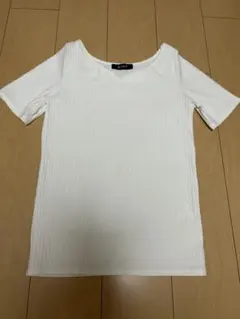 nano・universeホワイト リブ編み Tシャツ 半袖