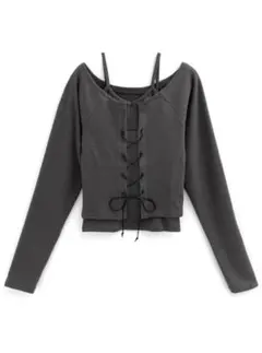 GRL キャミ付きレースアップテレコリブトップス[dk1173] チャコール L