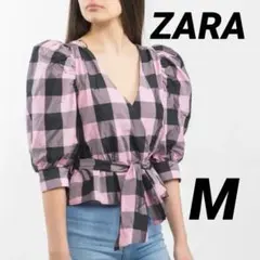 ZARAチェック柄バルーンスリーブシャツM