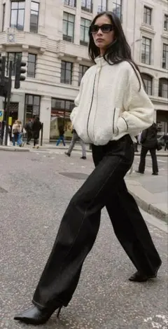 ZARA コントラストパイピングボンバージャケット　ツイード　ホワイト