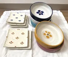 【良品和食器】花柄角皿5枚、丸器5つ、計10こセット