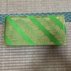 緑色 金色 葉模様 半幅帯