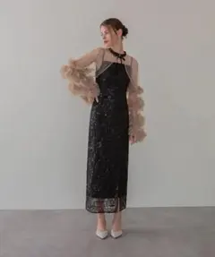 Leja フリルチュールスリーブリボンIラインワンピースドレス