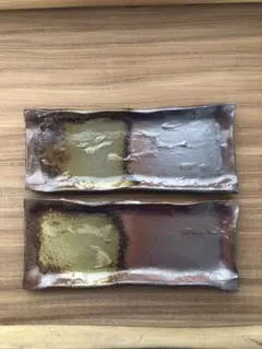 長方形薄手軽量手作り陶器皿 波形エッジ ブラウン・グリーン