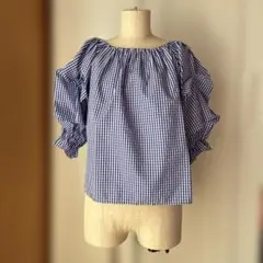 Lｅａd ギンガムチェック オフショルダーブラウス