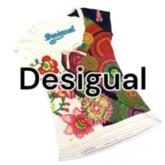 デシグアル　白　ホワイト　個性的　半袖　花柄　スパンコール　刺繍