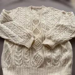 80sウール100% アイボリー ケーブルニット Mサイズ